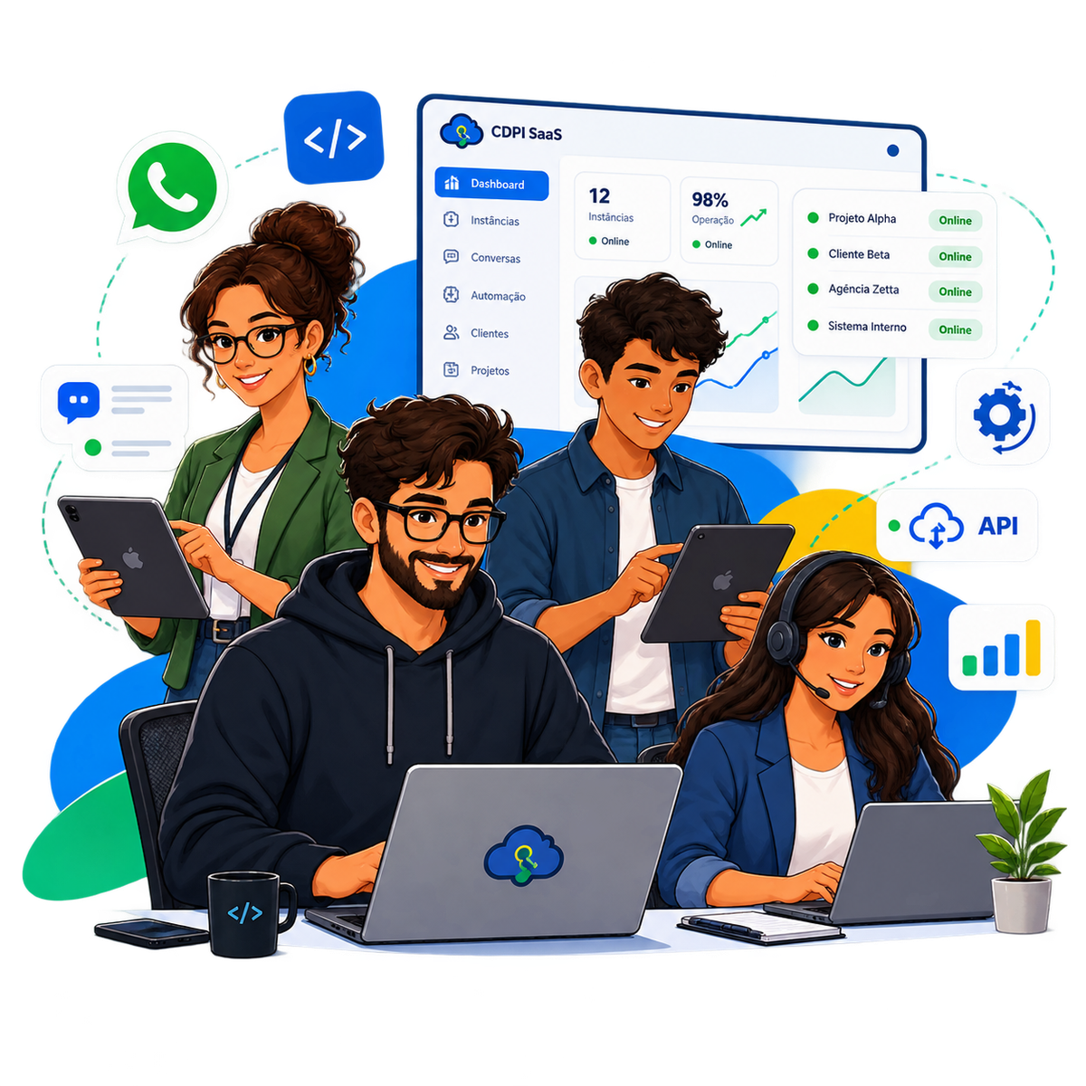 Equipe trabalhando com operações digitais conectadas